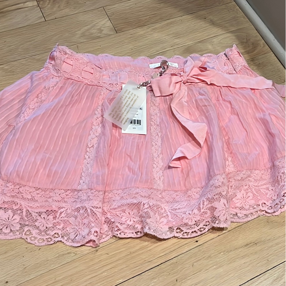 LoveShackFancy Pink Pleated Lace Skirt